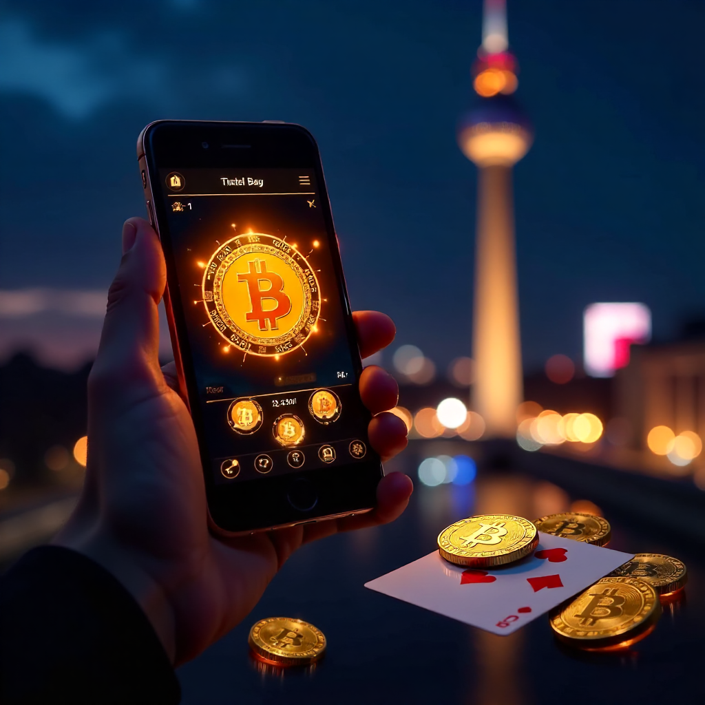 A hand holding a luxury smartphone displaying a high-tech Bitcoin poker app interface with glowing orange and gold accents, background is the Berlin skyline with the TV Tower (Fernsehturm) at night, 3D golden Bitcoin coins and a Royal Flush of playing car
